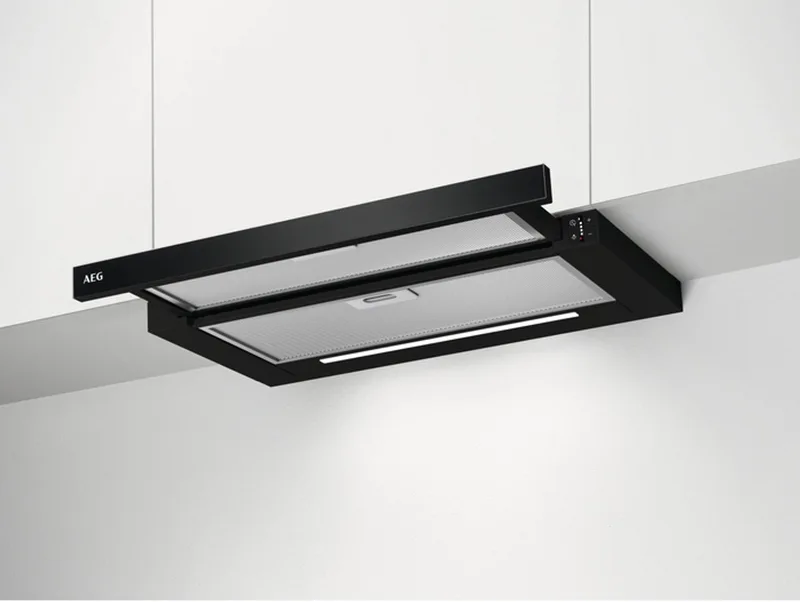 DPE5660B - Afzuigkap - 400 m³/uur - Afvoerend/recirculerend - 59 dB - Roestvrijstaal - D label van AEG in Aluminium, Zwart – productfoto
