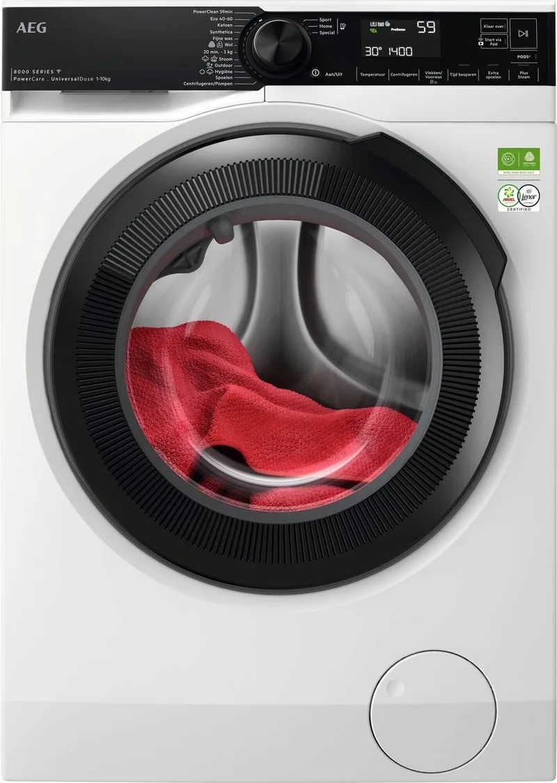 LR86XDOSE 8000 serie PowerCare UniversalDose - Wasmachine - 50% zuiniger dan Energielabel A - 1400 toeren - 10kg by AEG in White – product photo