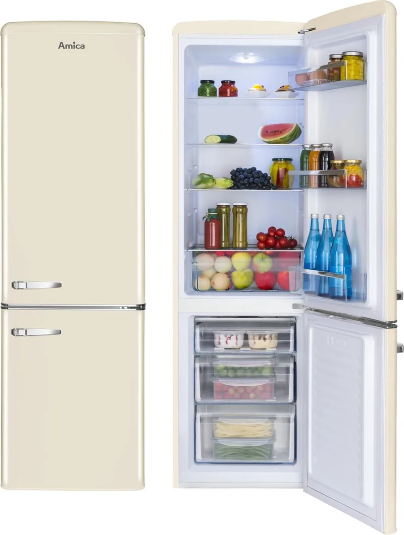 Retro Koel-Vriescombinatie AR8242C - Crèmekleur (Beige) - E label - scharnier rechts by Amica in Beige – product photo