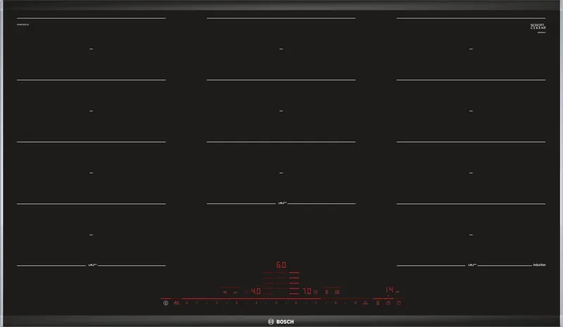 PXX975DC1E - Serie 8 - Inbouw Inductiekookplaat - 90cm - PerfectFry: aanbranden behoort tot het verleden - FlexInduction maakt het mogelijk om twee zones te combineren tot één by Bosch in Black, Roestvrijstaal – product photo
