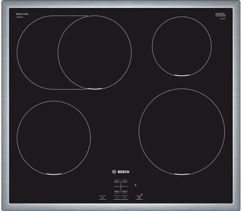Serie 4 NIF645CB5E kookplaat Zwart, Roestvrijstaal Ingebouwd 58 cm Inductiekookplaat zones 4 zone(s) von Bosch in Schwarz, Roestvrijstaal – Produktfoto