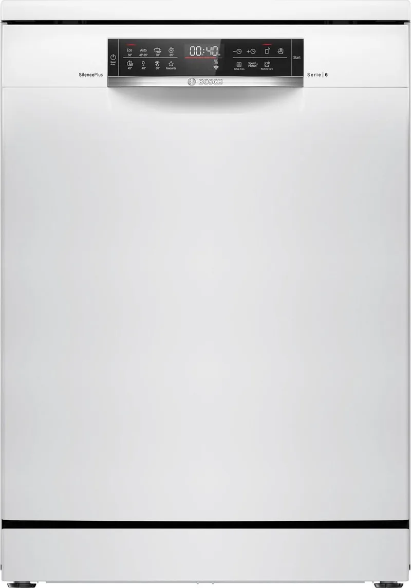 Serie 6 SMS6ECW04E - Vaatwasser- Vrijstaande vaatwasser -60 cm - Stil- Efficient Dry: verbeterde droogprestaties door de automatisch geopende deur - VarioLade: een lade voor bestek, klein kookgerei en zelfs kleine kopjes by Bosch in White – product photo