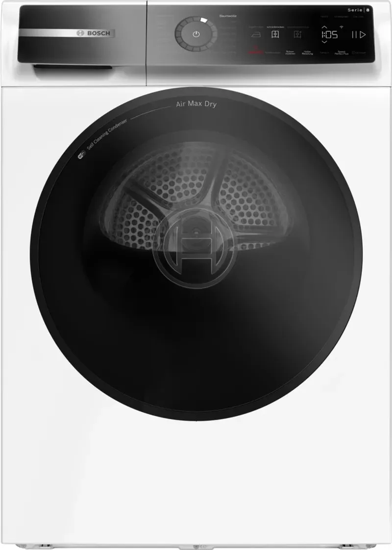 Serie 8 WRB247C40 - Vrijstaand - Voorbelading - Warmtepomp - Wit - Touch - Rechts - DE display de Bosch en Blanc – photo produit