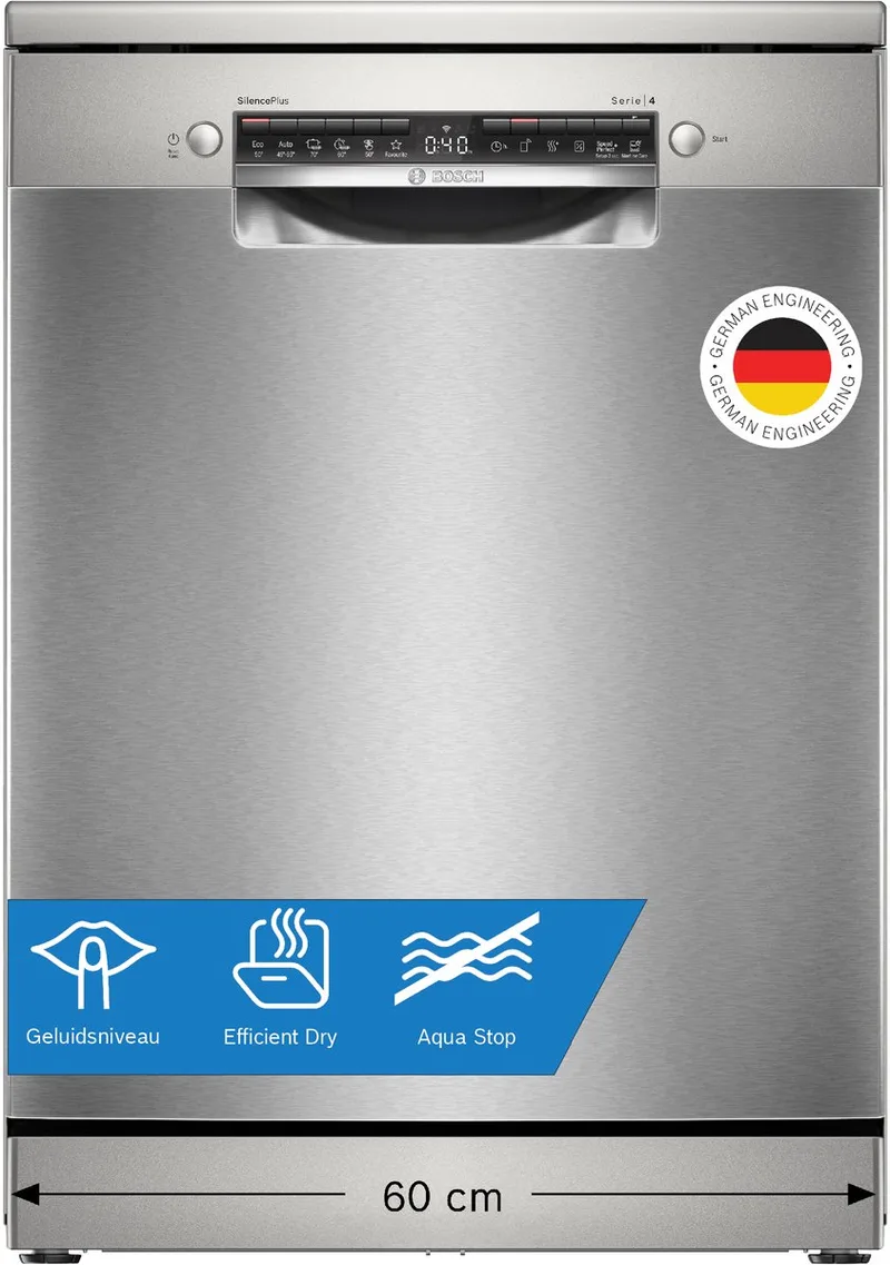 SMS4EAI28E - Serie 4 - Vrijstaande vaatwasser - 60 cm - Geborsteld - Anti-fingerprint - Energielabel A - Home Connect by Bosch in Staal – product photo