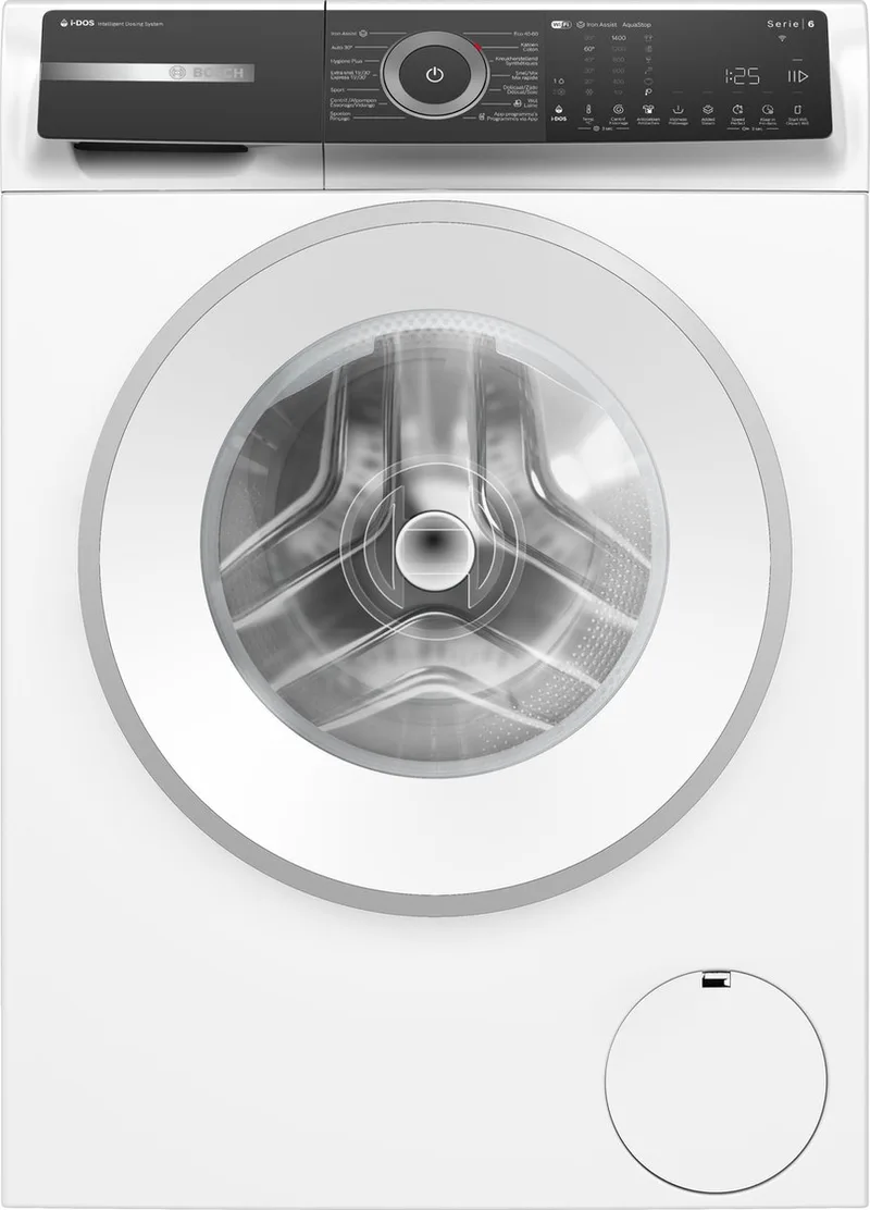 WGH244ACFG - Serie 6 - Wasmachine met stoom - 9 kg - 1400 rpm - 20% zuiniger dan Energielabel A - Zeer stil - Home Connect - Automatisch doseren - NL/FR von Bosch in Weiß – Produktfoto