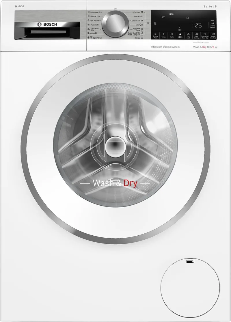 WNG254A9BY - Serie 6 - Was-droogcombinatie - Wassen en drogen in 1 keer - Extra stil - 10.5/6 kg - 1400 rpm - Automatisch doseren - Met stoom - ENG Display van Bosch in Wit – productfoto