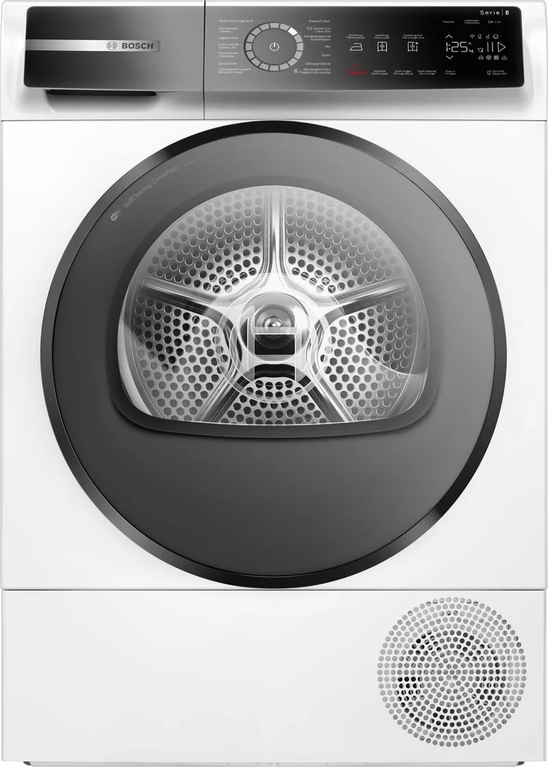 WQB235BSFG - Serie 8 - Wasdroger - Warmtepompdroger - Blijvend energiezuinig door Zelfreinigende condensor - Droogt zoals jij wilt met Auto Dry - Zeer stil - NL/FR display by Bosch in White – product photo