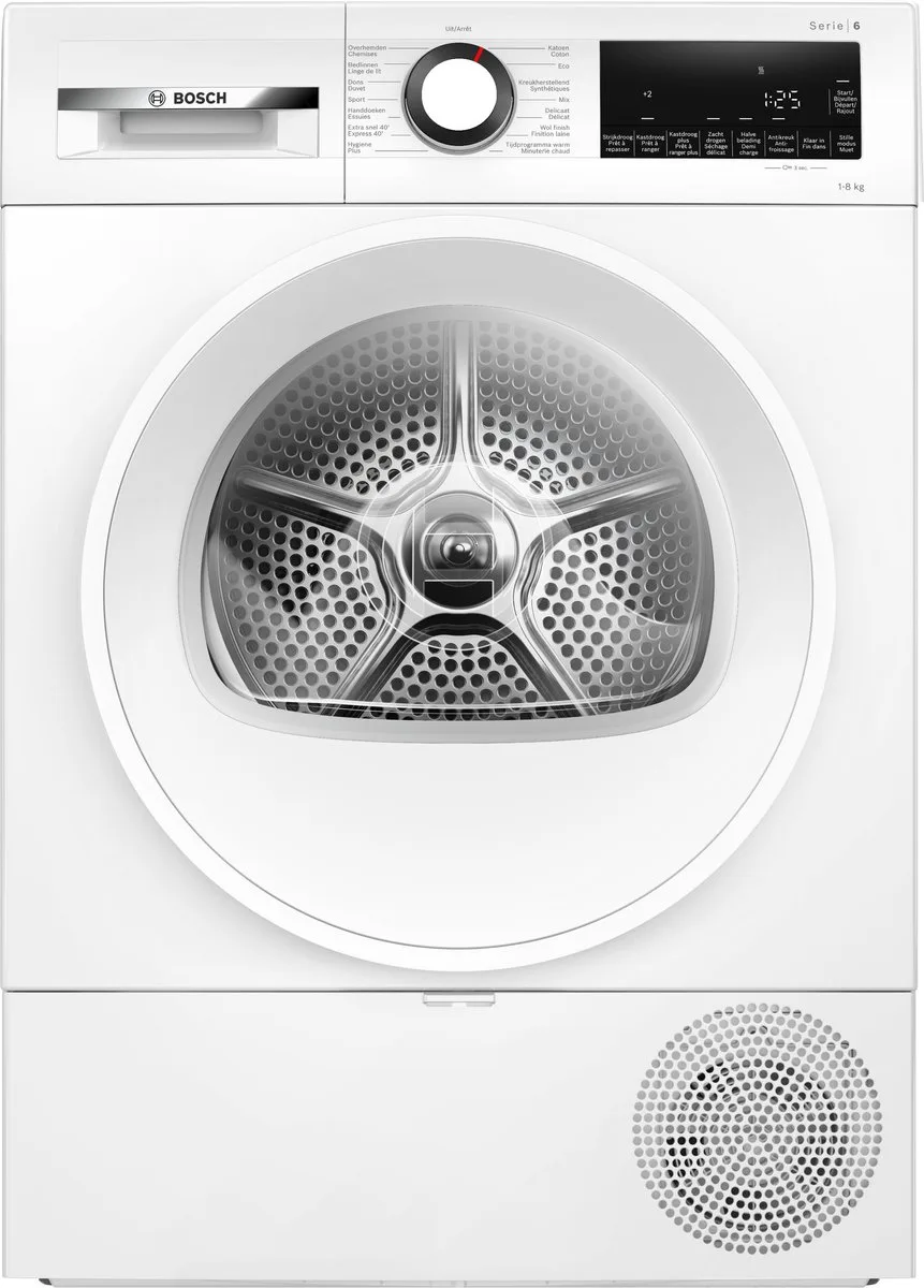 WQG133DEFG - Serie 6 - Warmtepompdroger - wasdroger - 8 kg - Stil - Droogt zoals jij wilt met Auto Dry - NL/FR Display by Bosch in White – product photo