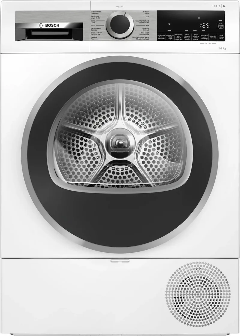 WQG233DLFG Serie 6 Warmtepompdroger – 8 kg– SelfCleaning Condenser – Stil & Zuinig van Bosch in Wit – productfoto