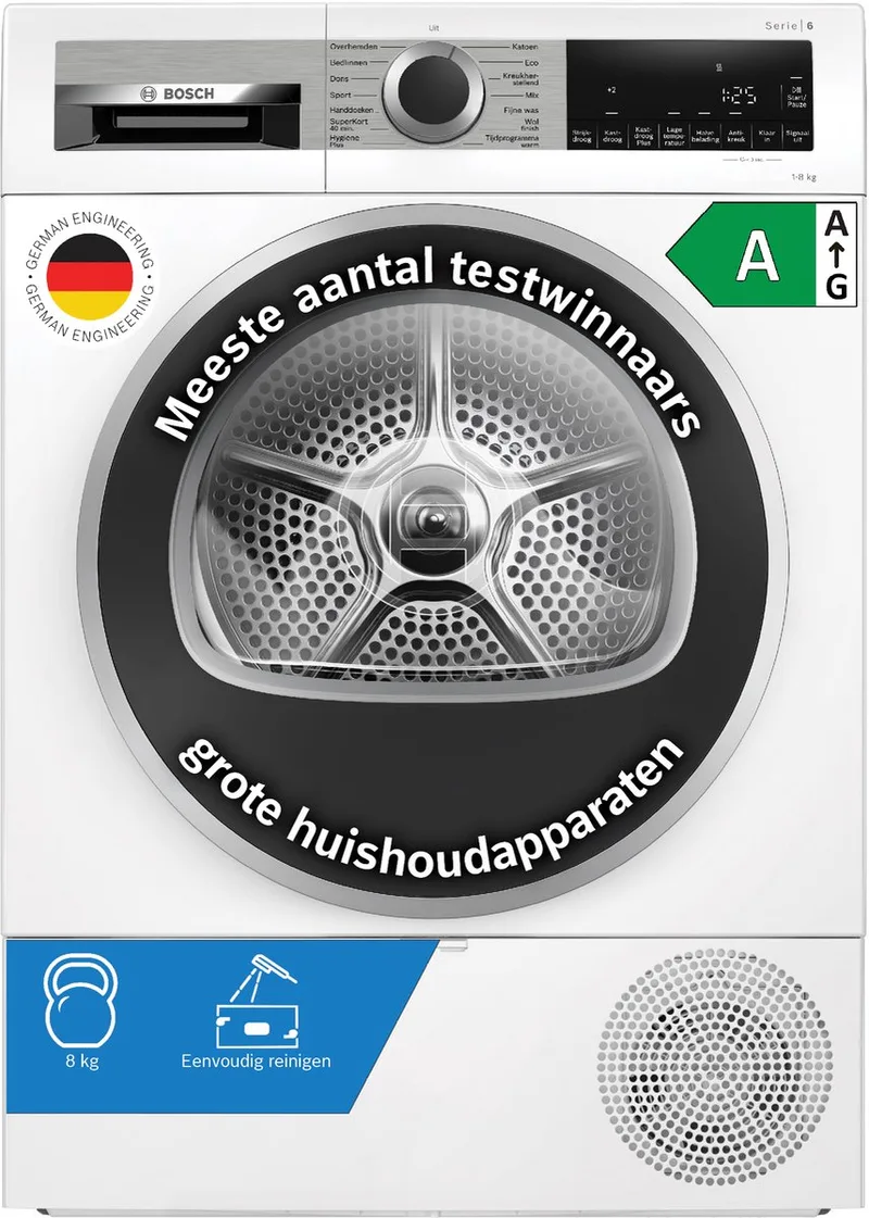 WQG233DLNL Serie 6 - Warmtepompdroger - Wasdroger - Extra stil- 8 kg - Auto Dry: droogt automatisch tot de exacte droogtegraad die je wilt - Easy Clean Filter: efficiënt drogen met eenvoudig onderhoud by Bosch in White – product photo