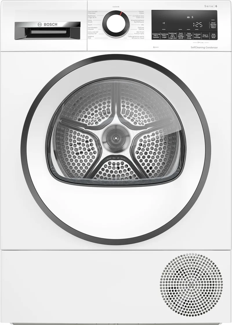 WQG235DEFG Serie 6 - Wasdroger - Warmtepompdroger - Zeer stil - Blijvend energiezuinig door Zelfreinigende condensor - Droogt zoals jij wilt met Auto Dry -NL/FR display by Bosch in White – product photo