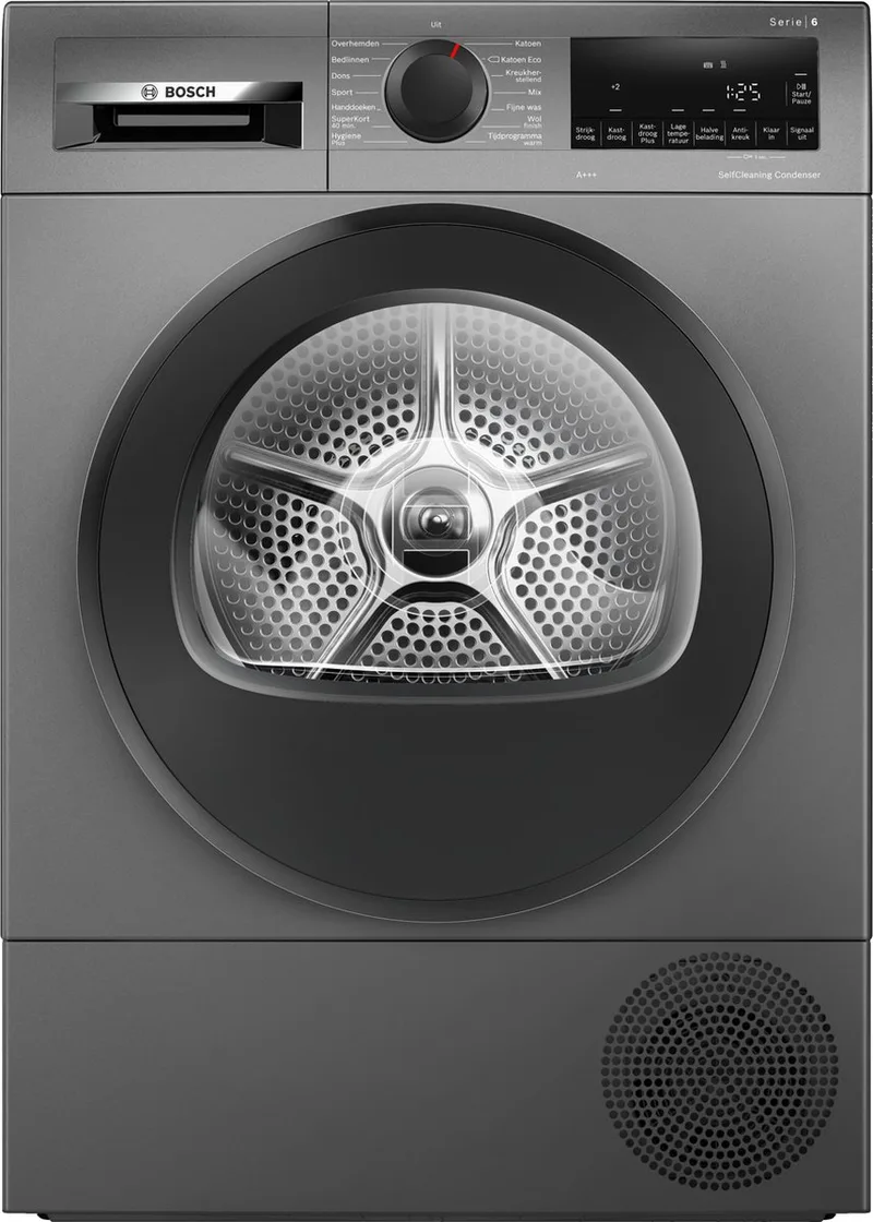WQG235DRNL Serie 6 - Wasdroger - Warmtepompdroger - Blijvend energiezuinig met Self Cleaning Condensor - Auto Dry: droogt automatisch tot de gewenste droogtegraad - Cast iron grey - Trommelverlichting de Bosch en Cast iron grijs – photo produit
