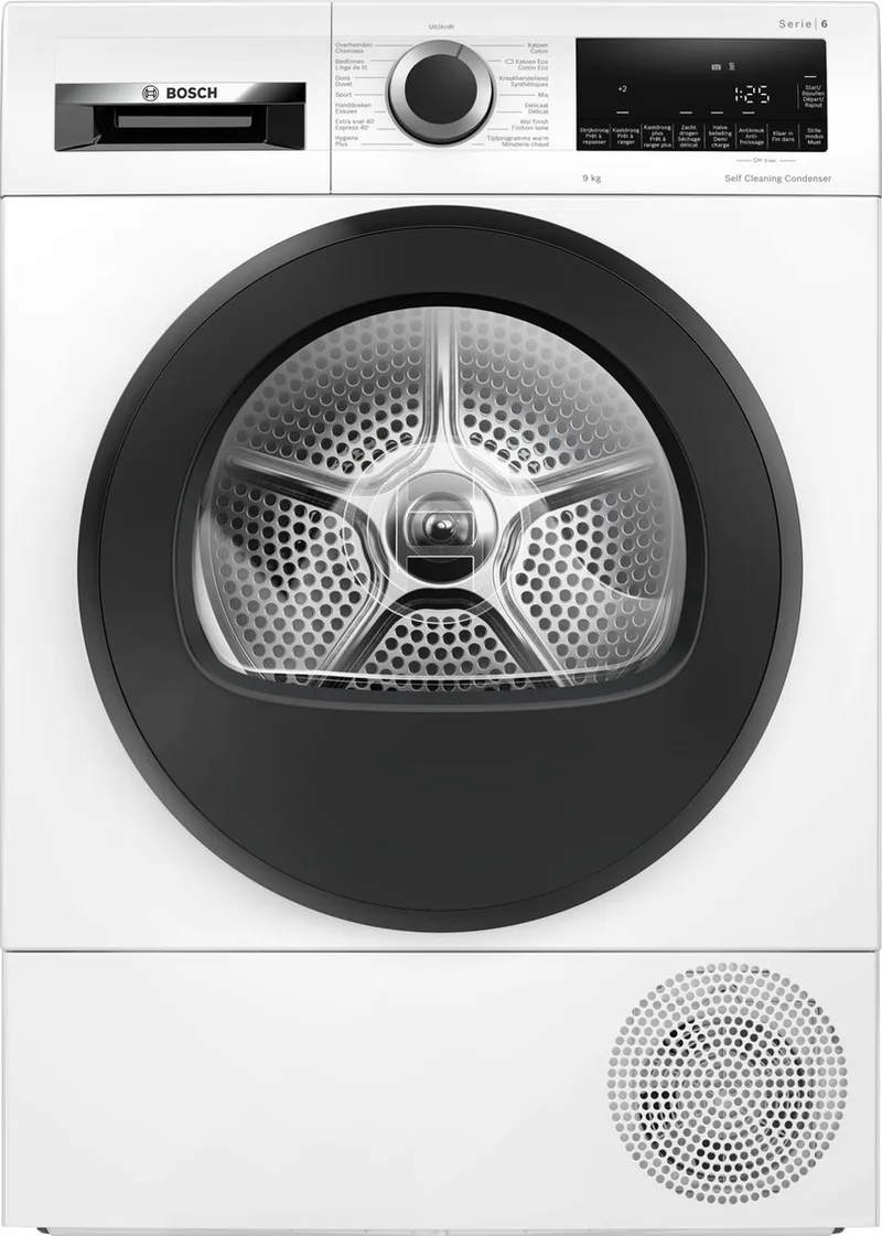 WQG245D1FG - Serie 6 - Wasdroger - Warmtepompdroger - Blijvend energiezuinig door Zelfreinigende condensor - Droogt zoals jij wilt met Auto Dry - Zeer stil - NL/FR display by Bosch in White – product photo
