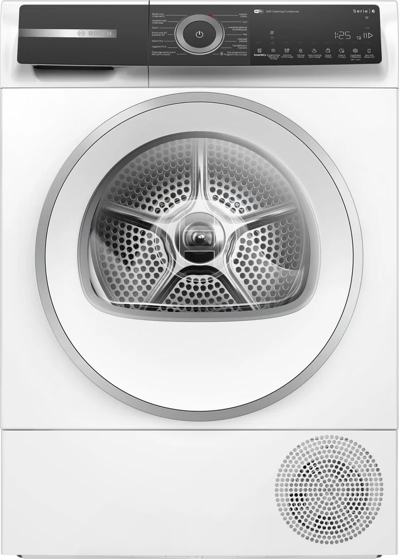 WQH246DCFG Serie 6 - Wasdroger - Warmtepompdroger - 9 kg - Blijvend energiezuinig door Zelfreinigende condensor - Droogt zoals jij wilt met Auto Dry - Zeer stil - NL/FR Display van Bosch in Wit – productfoto