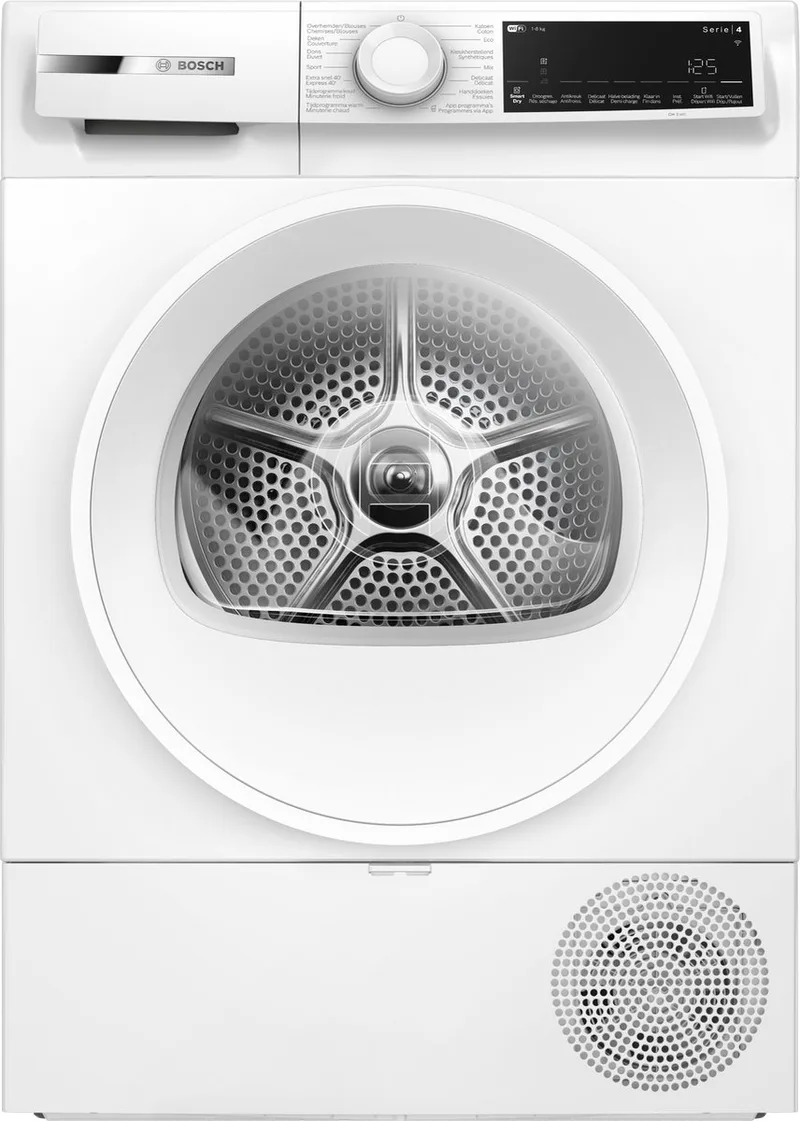 WQJ23200FG Serie 6 - Warmtepompdroger - 8 kg - Auto Dry droogt automatisch tot de gewenste droogtegraad - Home Connect - NL/FR Display van Bosch in Wit – productfoto