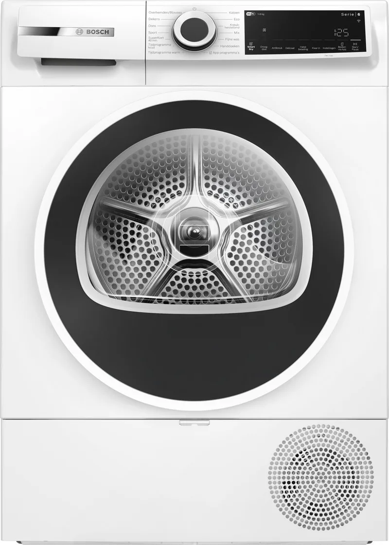 WQJ23200NL Serie 6 – Warmtepompdroger - 8 kg - Auto Dry droogt automatisch tot de gewenste droogtegraad - Easy clean filter - Home Connect - Wit van Bosch in Wit – productfoto