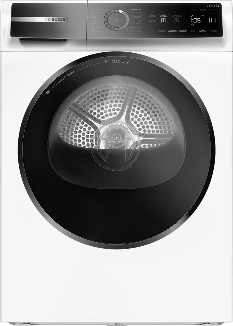 WRB247D0FG - Serie 8 - Wasdroger - Warmtepompdroger - 9 kg - Energielabel A - Zelfreinigende condensor Blijvend energiezuinig - Air Max Dry: perfecte droogresultaten en laag energieverbruik. van Bosch in Wit – productfoto