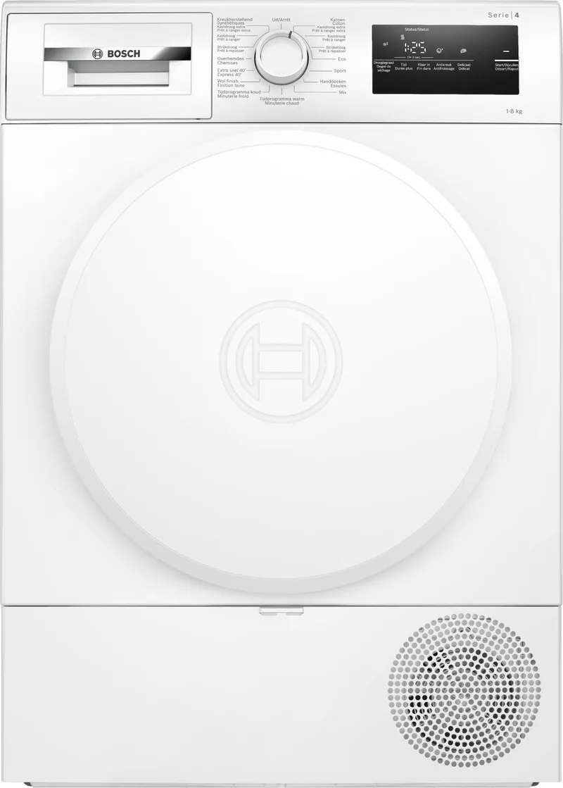 WTH8320AFG - Serie 4 - Wasdroger - Warmtepompdroger - 8 kg - NL/FR Display - Auto Dry: droogt automatisch tot de gewenste droogtegraad van Bosch in Wit – productfoto
