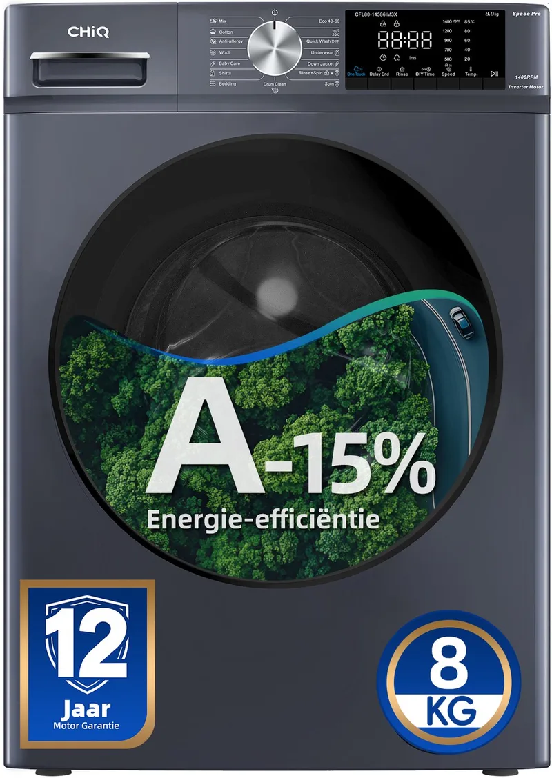 CFL80-14586IM3XA - Wasmachine - 8 KG - Space Pro - A-15% - 16 programma's - AI Smart - Stoomwassen & Quick Wash - 12 jaar garantie op motor van CHiQ in Grijs – productfoto