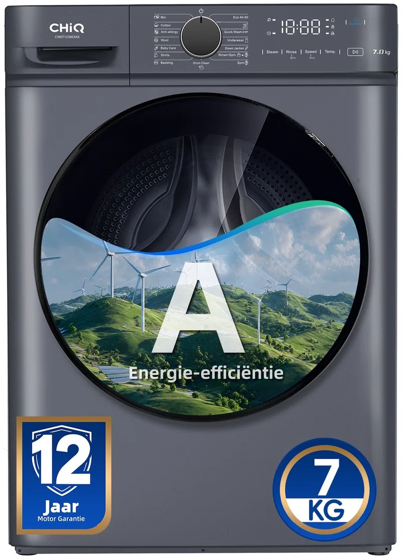 CW07123863AX - Wasmachine - 7 KG - Space Pro - 16 programma's - AI Smart - Stoomwassen & Quick Wash - 12 jaar garantie op motor - A van CHiQ in Grijs – productfoto