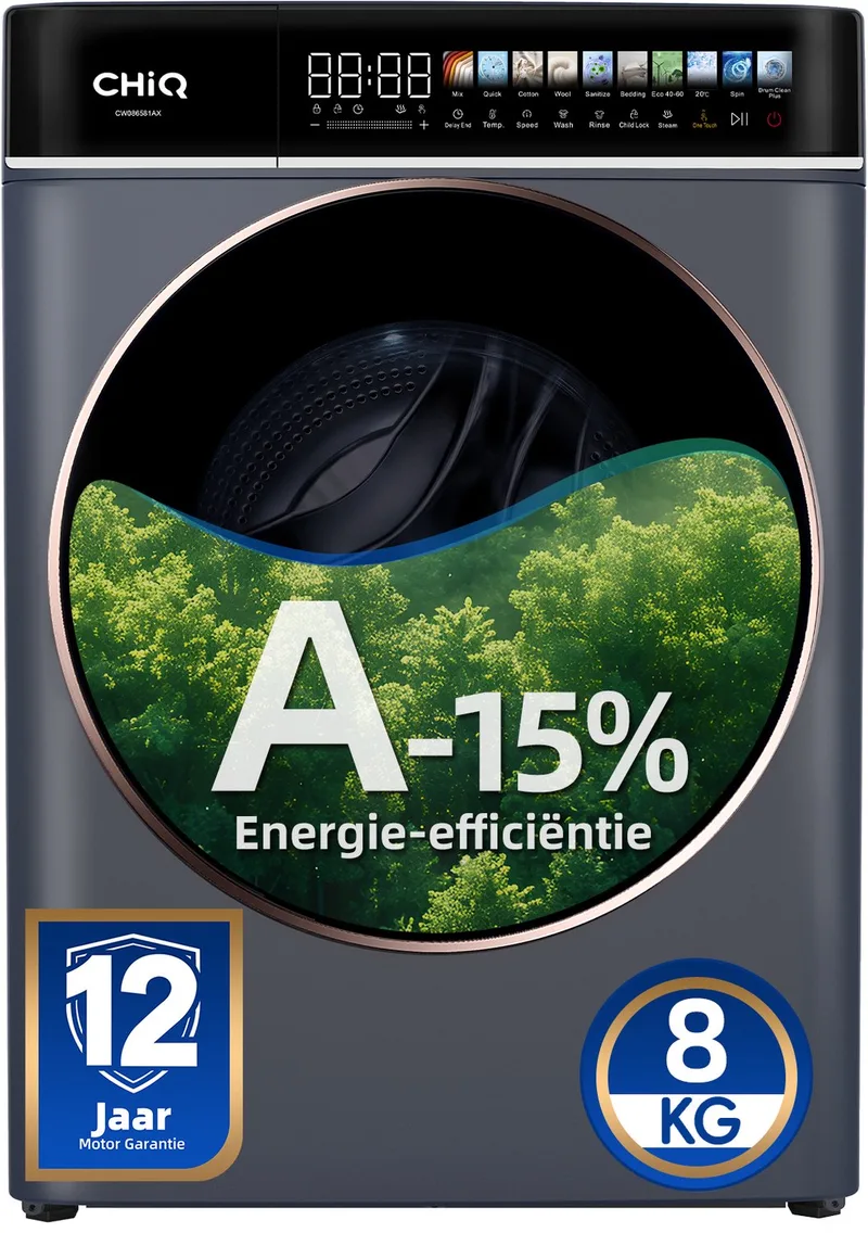 CW086581AX - Wasmachine - 8 KG - Space Pro - Energielabel A-15% - 13.5 Inch Led-touchscreen - 12 programma's - AI Smart - Stoomwassen & Quick Wash - 12 jaar garantie op motor van CHiQ in Zwart – productfoto