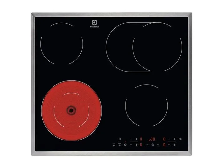 Glaskeramikkochfeld, Schwarz, Metall, Glas, 57.6x3.8x50.6 cm, Kindersicherung, Hauptschalter, Bräterzone, Restwärmeanzeige je Kochzone, Kurzzeitwecker, Edelstahlrahmen, Küchen, Küchenelektrogeräte, Kochfelder, Glaskeramik-Kochfelder van Electrolux – productfoto
