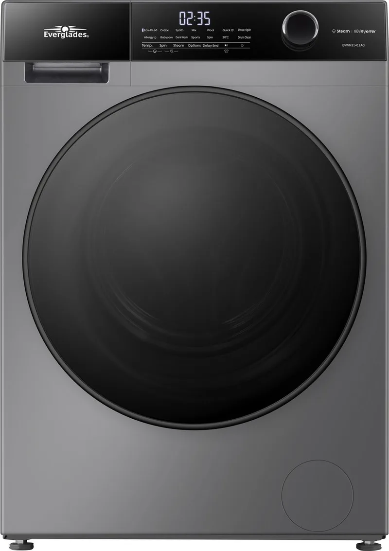 EVWM91412AG Zuinige Wasmachine - 9KG - A Klasse - Stoomfuncties/Allergie+ - Koolborstelloze Motor - Zeer Stil 72dB - 5 Jaar Garantie van Everglades in Titanium Grijs – productfoto