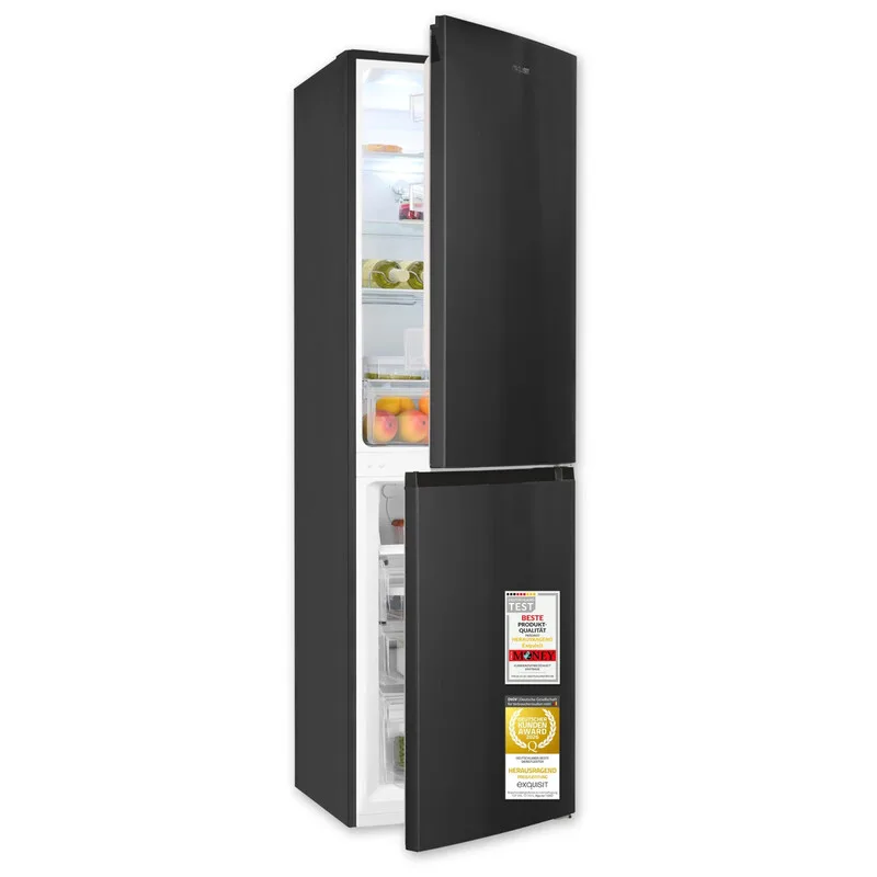 exquisit 247 L freistehender No Frost Kühl-Gefrierkombination, 4-Sterne-Gefrierfach, Schnellgefrierfunktion, LED-Beleuchtung, wechselbare Tür, Schwarz von Exquisit – Produktfoto