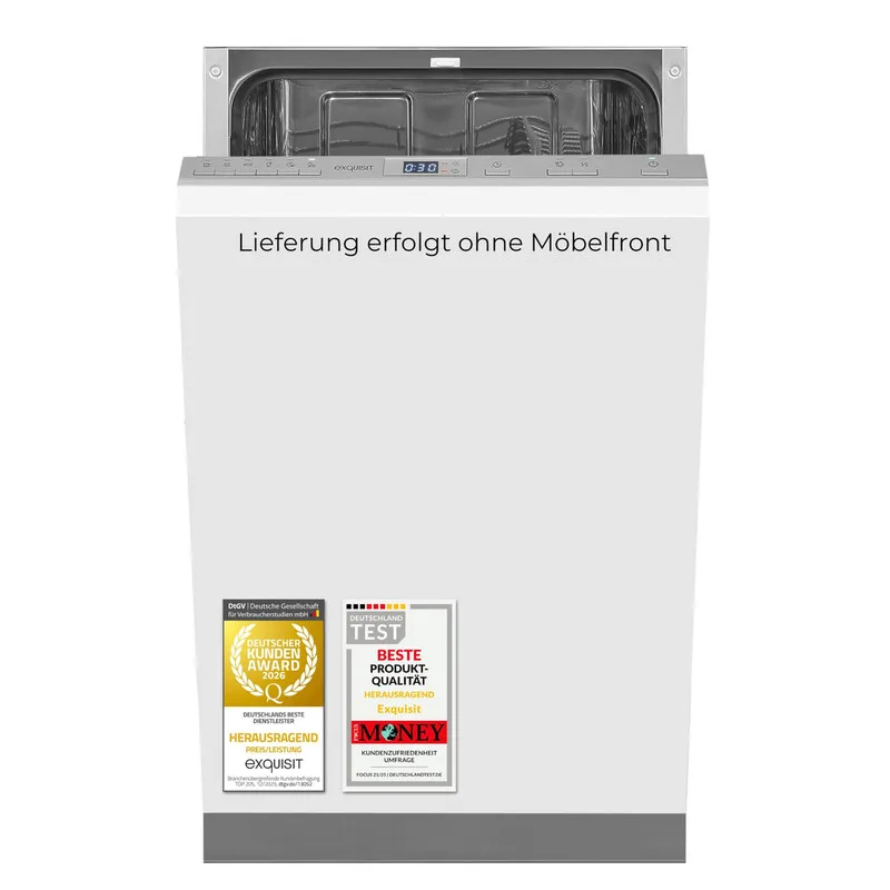 Geschirrspüler, 9 Maßgedecke, 6 Programme, kompakt, freistehend, 45 cm, Silber, Startzeitvorwahl, Intensiv- & Eco-Modus, EGSP52109-E-030E von Exquisit – Produktfoto