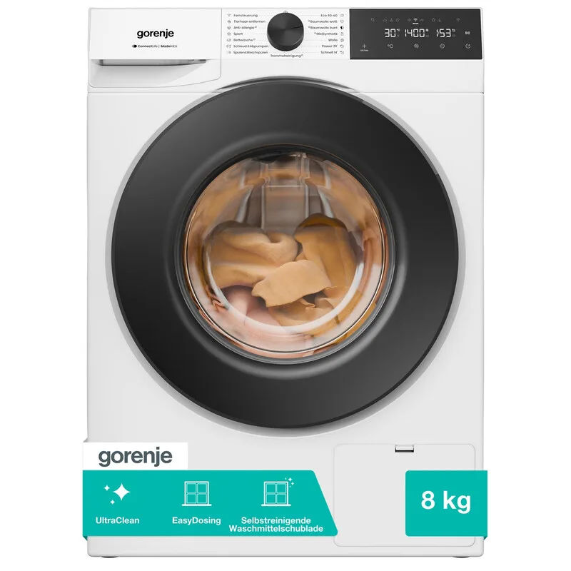 W5G4S84AP2 Frontlader-Waschmaschine, 8 kg, 1400 U/min, Energieklasse A, 15 Programme, UltraClean, Aqua JetWash, SteamTech, WashControl, ConnectLife Wi-Fi, 460 mm Tiefe, Weiß von Gorenje – Produktfoto