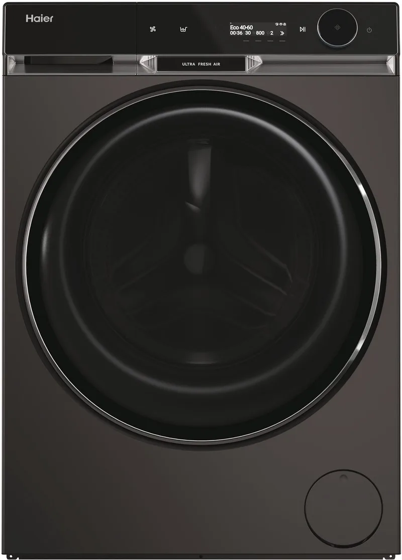 HW100-BD14397PGUS – De stilste wasmachine op de markt – 10 kg – Energieklasse A – Stoomfunctie – Automatische dosering – Direct Motion-motor – Antibacteriële behandeling (ABT) – 16 programma’s – 10 jaar garantie op onderdelen van Haier in Antraciet – productfoto
