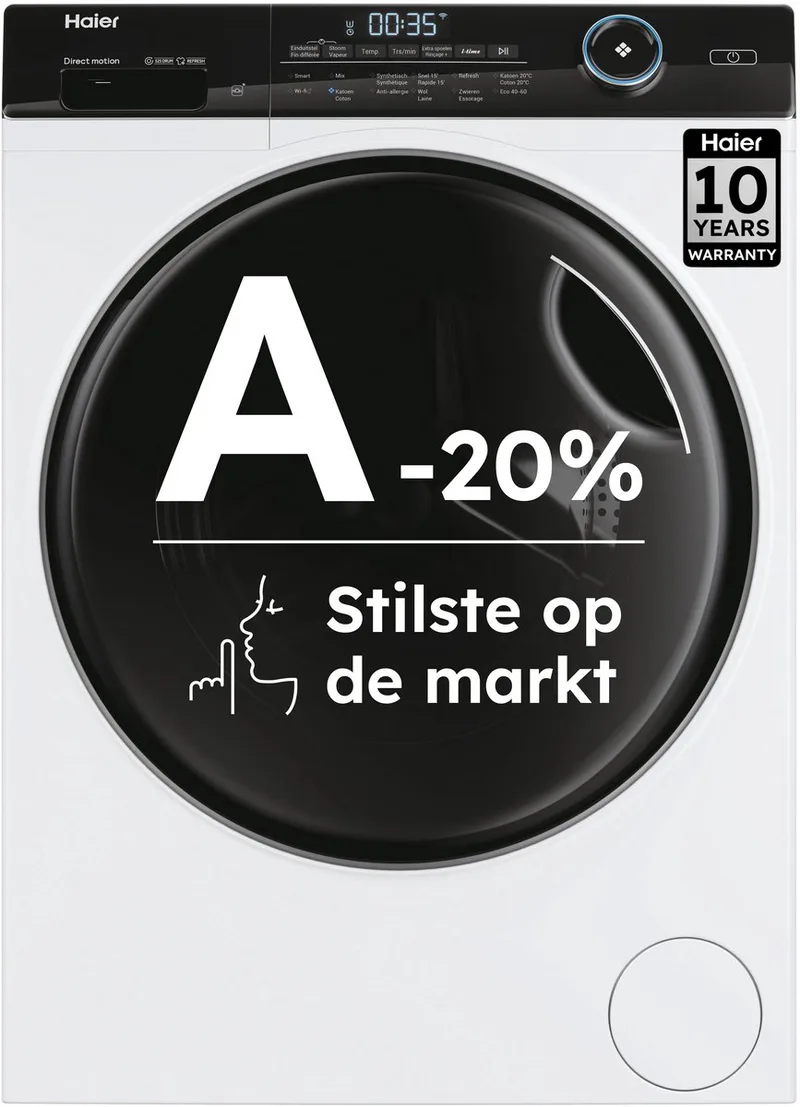 HW80-B14959U1DF - De stilste wasmachine op de markt - 8kg - A-20% - Stoombehandeling & Refresh - Antibacteriële Behandeling (ABT) - 16 programma’s- 10 jaar garantie op onderdelen van Haier in Wit – productfoto
