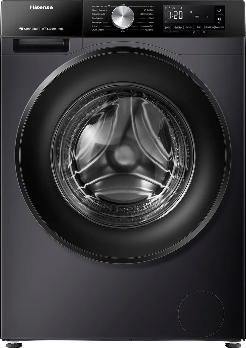 Hisense 3S Serie WF3S9043BB3 - Zwarte Wasmachine met Energielabel A -30% - 9kg - 72dB (A) - Steam Wash -1400 toeren - Power Wash 49' - ConnectLife - Inhoud Trommel 60 Liter by Hisense in Black – product photo