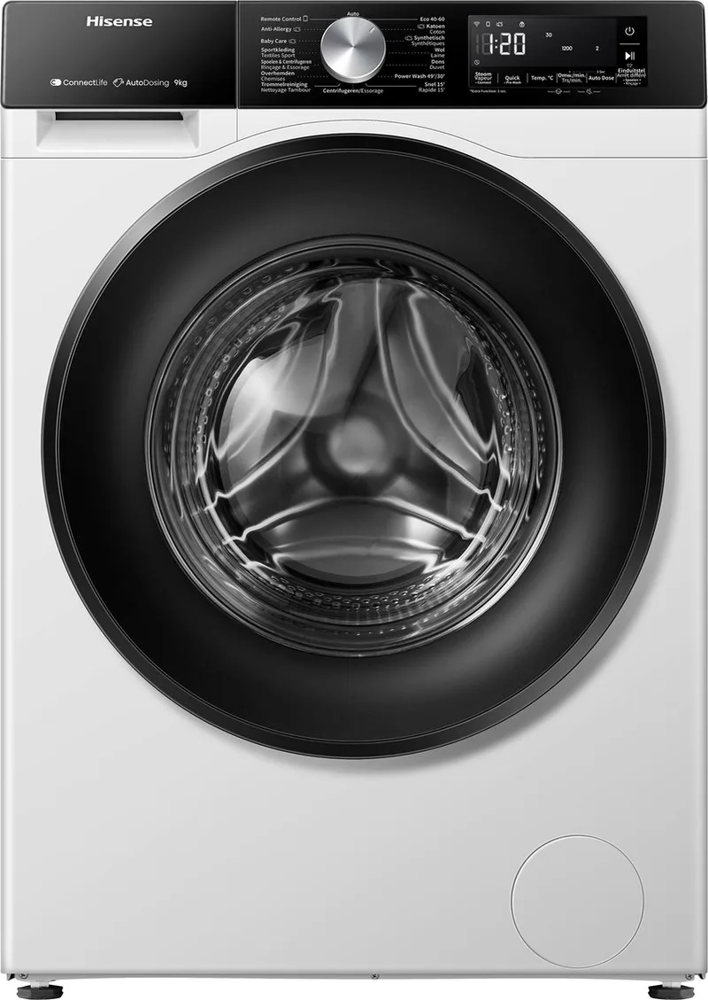 Hisense 3S Serie WF3S9045BW3/BLX - Wasmachine met Energielabel A -30% - 9kg - Autodose - 72dB (A) - Steam Wash - 1400 toeren - Power Wash 49' - ConnectLife - Inhoud Trommel 60 Liter de Hisense en Blanc, Zwart 9 kg Autodose – photo produit