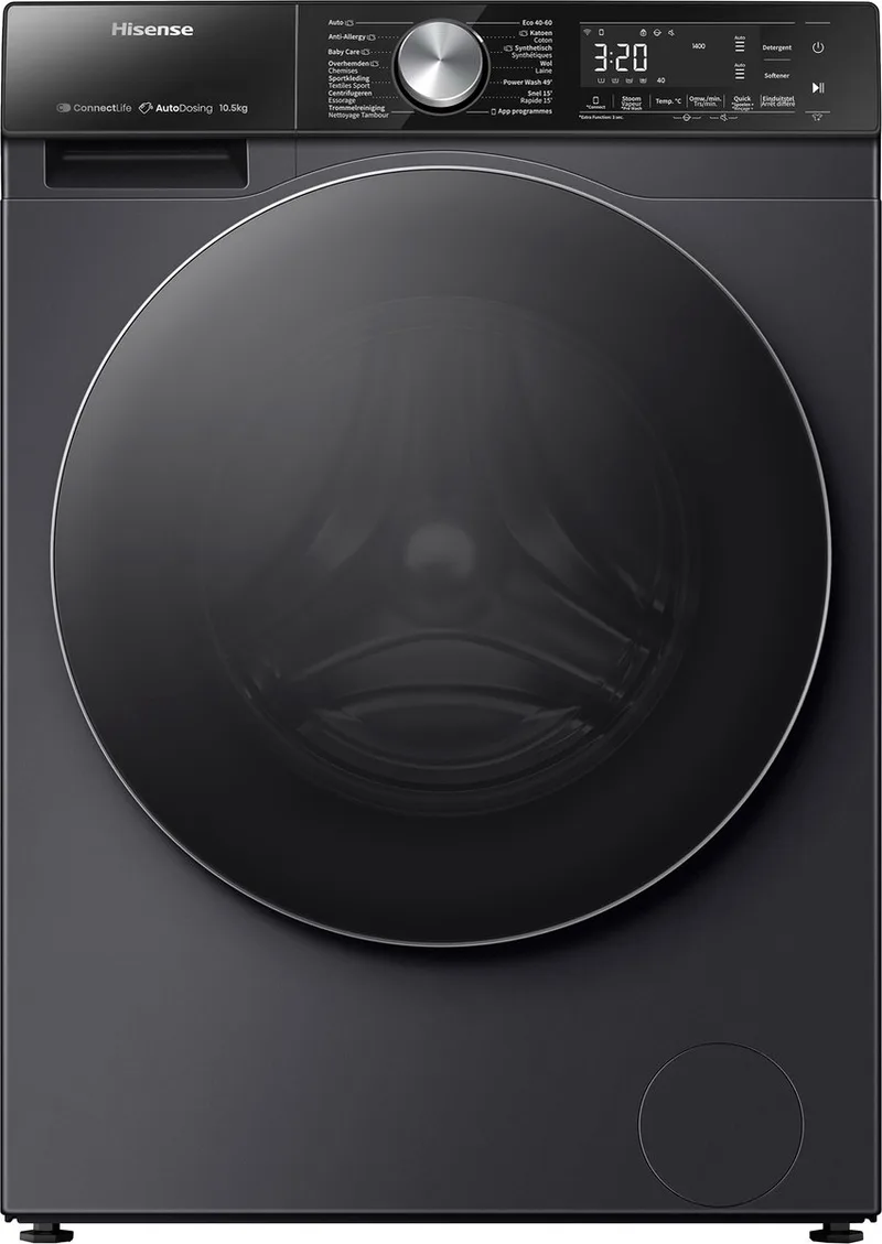 Hisense 5S Serie WF5S1045BB - Wasmachine met Energielabel A - 10,5kg - Auto dosing - 72dB (A) - Steam Wash -1400 toeren - Power Wash 49' - Connectlife by Hisense in Black – product photo