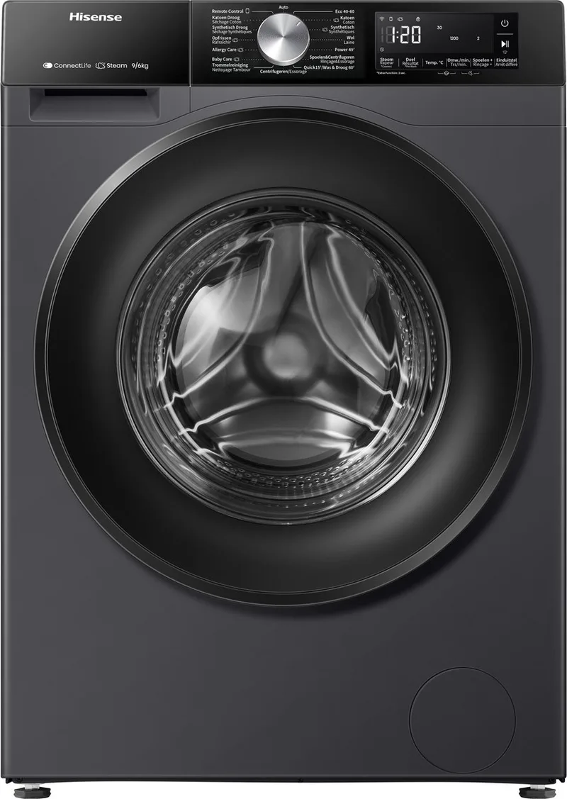 WD3S9043BB3 - Was-droogcombinatie - Energieklasse A (-30%) - 9 kg wassen / 6 kg drogen - 1400 toeren - Connectlife WiFi - Stoomfunctie - LED display - Inverter motor fra Hisense i Sort – produktbillede