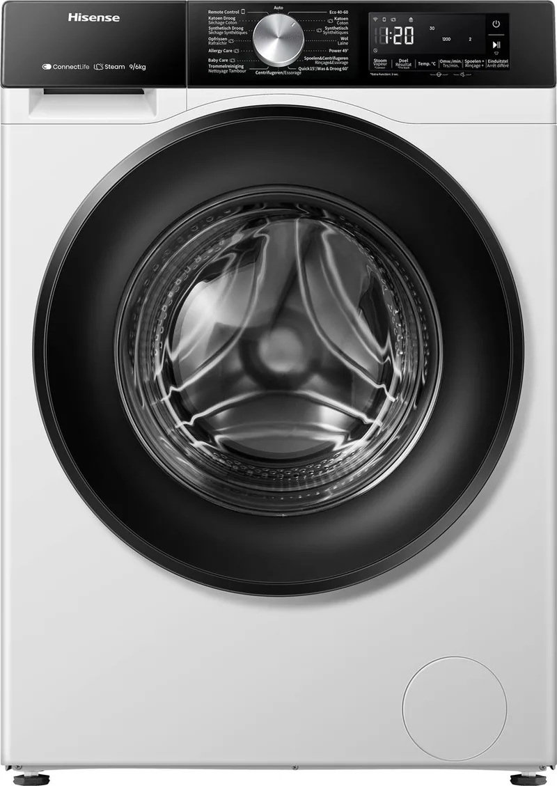 WD3S9043BW3 - Was-droogcombinatie - Energieklasse A (-30%) - 9 kg wassen / 6 kg drogen - 1400 toeren - Connectlife WiFi - Stoomfunctie - LED display - Inverter motor - Wit de Hisense en Blanc – photo produit