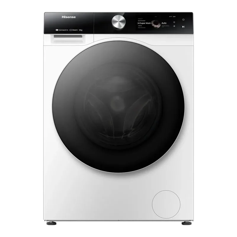 WF7S1247BW 12 kg Waschmaschine – Leistungsstarke 1400 U/min Schleuderdrehzahl für schnelleres Trocknen, automatische Waschmitteldosierung, Tiefenreinigung mit Dampf, leiser Betrieb und intelligente WLAN-Steuerung von Hisense – Produktfoto