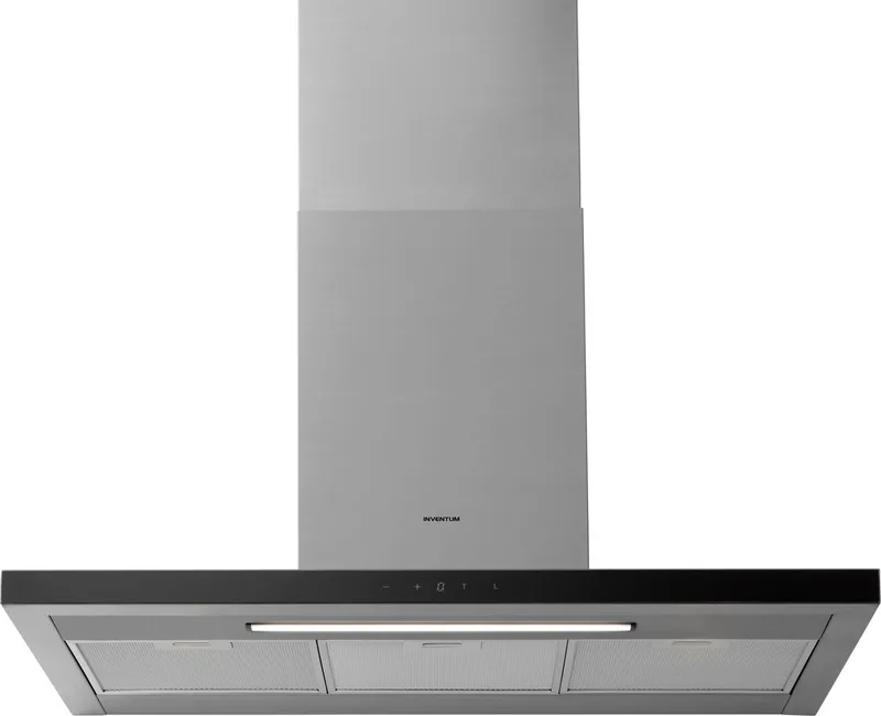 AKB9015RVS platte wandschouw afzuigkap 90 cm - Afzuigcapaciteit 700 m3/h - Geschikt voor open keuken - 4 standen - Luchtreinigingsfunctie - Timer - Display met tiptoetsen - Energielabel A++ - BLDC motor - Luchtafvoer en recirculatie van Inventum in Rvs – productfoto