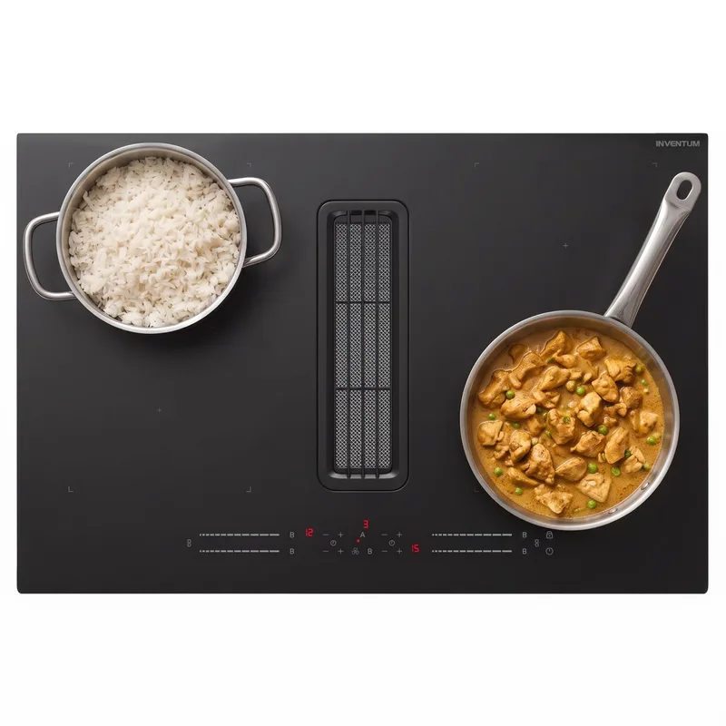 IKA8035MAT Inductiekookplaat met Geïntegreerde Afzuiging - 80 cm Inbouw - 1 of 2 fase - 4 kookzones - Boostfunctie - 2 bridgezones by Inventum in Matzwart – product photo