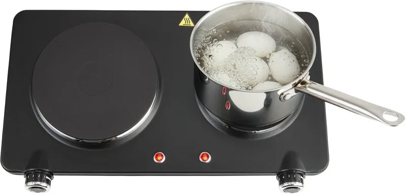 KP602B elektrische kookplaat 47 cm - 2-pits 15/18 cm - 1-fase plug en play - 7 standen - 750/1500 W - Vrijstaand von Inventum in Schwarz – Produktfoto