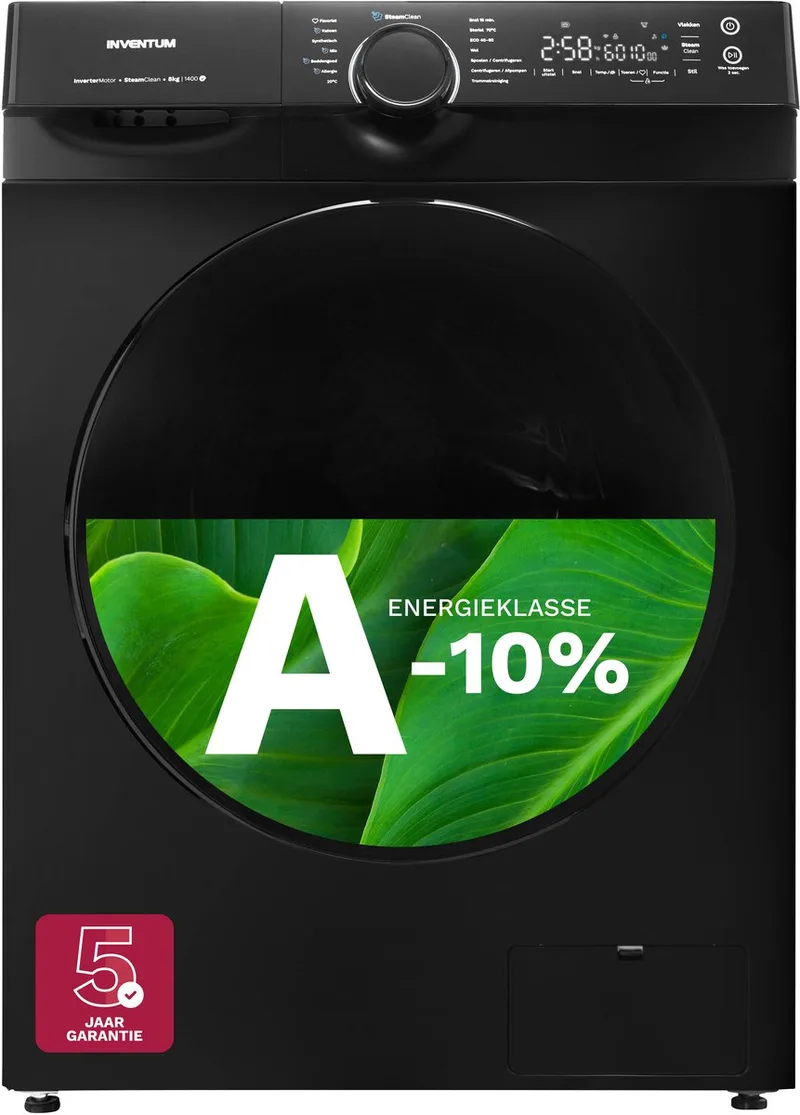 VWM8010B Wasmachine - 8kg - 1400 toeren - Energielabel A-10% - Stoomfunctie by Inventum in Black – product photo