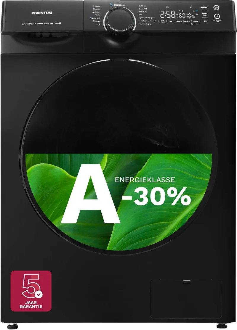 VWM8030B Wasmachine - 8kg - 1400 toeren - Energielabel A-30% - Stoomfunctie - Zwart by Inventum in Zwart – -30% – product photo