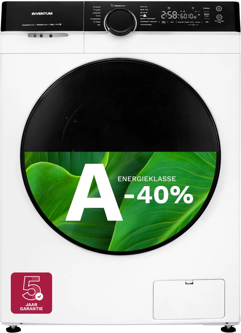 VWM9010W wasmachine 9 kg 1400 toeren energieklasse A-40% SteamClean stil functie wit zwart by Inventum in White, Black – product photo