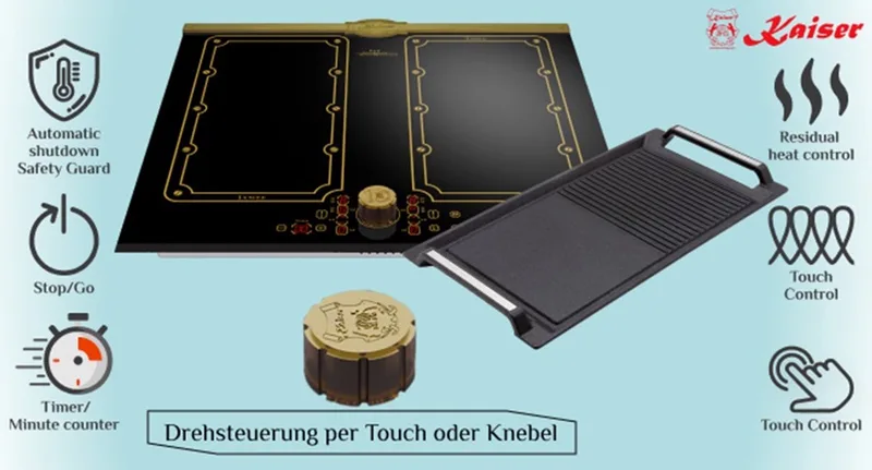 inductie - KCT 6192 FI Em -inductiekookplaat - 60 cm - incl. grillplaat - 8 verwarmingselementen: 4×2 inductiekookzones - FREE ZONE met 2 FLEX inductiezones - Zwart keramisch glas met antiekgouden strip van Kaiser in Goud – productfoto