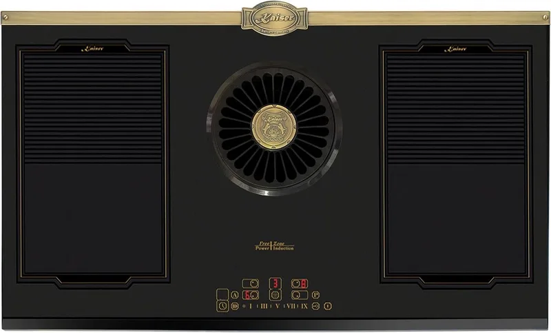Inductiekookplaat -Kaiser- KCT 9362 IEm – Inbouw inductiekookplaat met geïntegreerde afzuiging 1250 m³/u, Retro Empire-design in brons by Kaiser in Anthracite – product photo