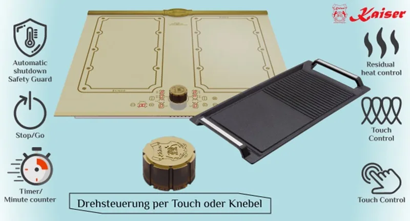 KCT 6192 FI ElfEm incl. grillplaat, inductiekookplaat 60 cm - 8 verwarmingselementen: 4×2 inductiekookzones - FREE ZONE met 2 FLEX inductiezones - Ivoor keramisch glas met antiekgouden afwerking by Kaiser in Antiekgoud – product photo