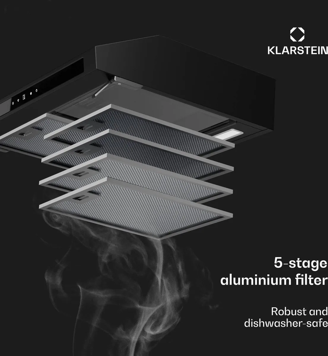 Afzuigkap Purista Force - Wandafzuigkap - 60 cm - 343 m³/h - Dual 2x60 W motoren - LED touch panel - LED verlichting - Houtskoolfilter - CEE C - Onderbouw Afzuigkap,343 m³/u 50 cm - voor Keuken - Recirculatie Energiezuinig fra Klarstein i Sort – produktbillede