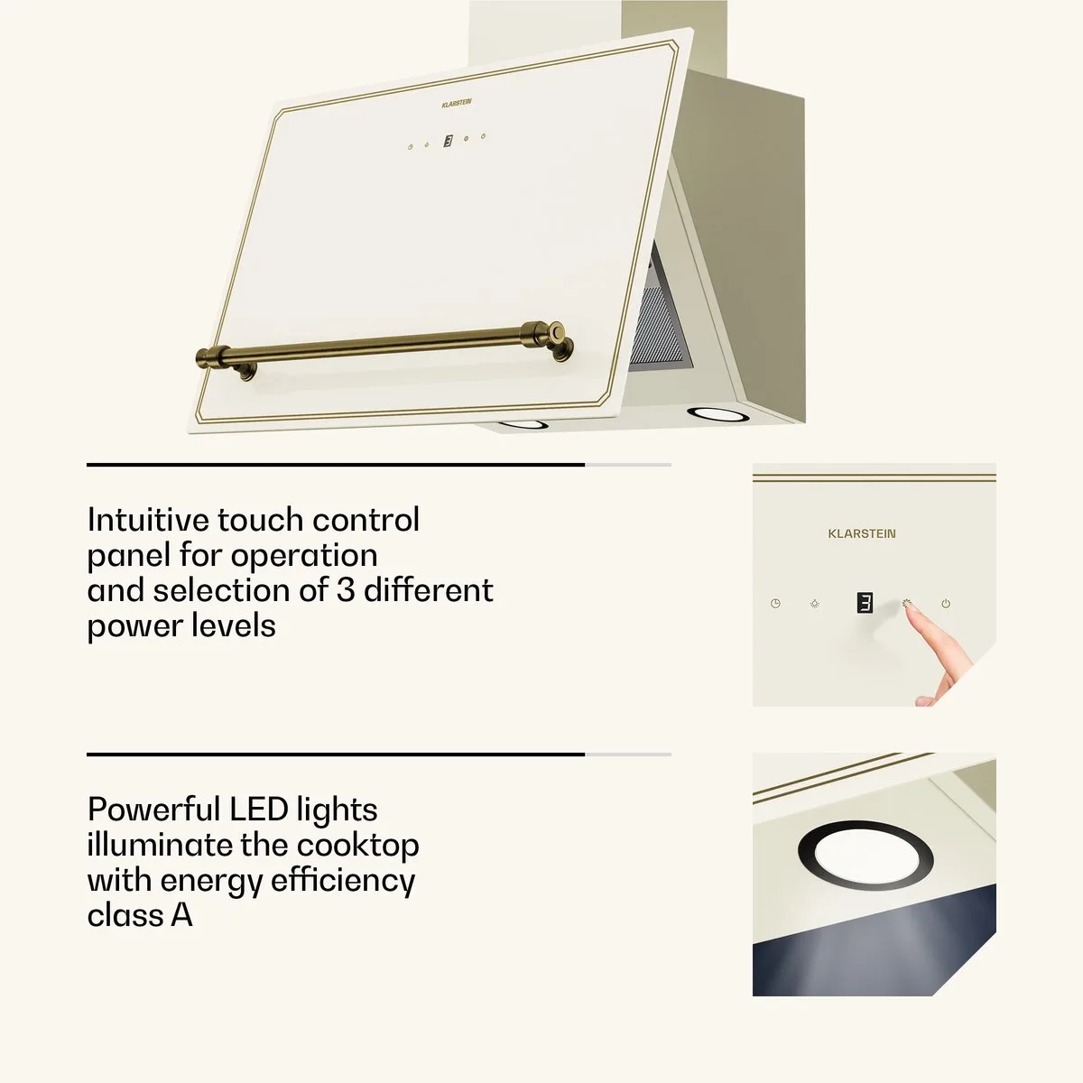 Afzuigkap Victoria 60 cm keukenafzuigkap, 336 m³/u luchtdebiet, energie-efficiëntieklasse A++, touchscreen bedieningspaneel, LED-verlichting, stil 44 dB, crème & goud - voor Keuken - Recirculatie - Zwart - Dampkap - Wasemkap fra Klarstein i Vintage Crème – produktbillede