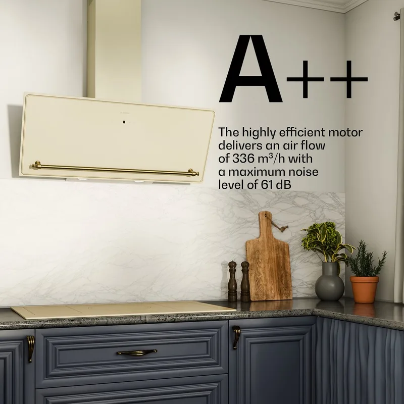 Afzuigkap Victoria 90 cm afzuigkap, Touch-bedieningspaneel, 336 m³/h luchtstroom, A++ energie-efficiëntie, LED-verlichting, Stil 44 dB, Crème & Goud, Afvoer & Recirculatie - 336 m³/u - voor Keuken - Dampkap - Wasemkap de Klarstein en Vintage Crème – photo produit